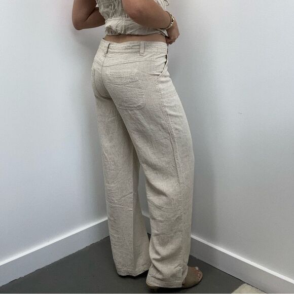H&M Beige Linen Blend 2 Piece Pant Set Ruche Tie Front Top Wide Leg Size XS/S - Picture 4 of 15